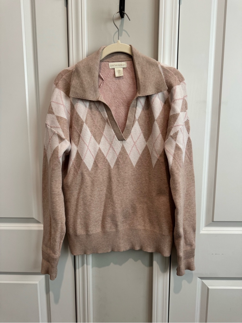 Cynthia Rowley Pink Argyle Collared Sweater